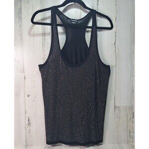 Bebe Y2K Black Bling Soft Tank Top Sz S T-Back Long Scoop Neck Sparkle Runs Big